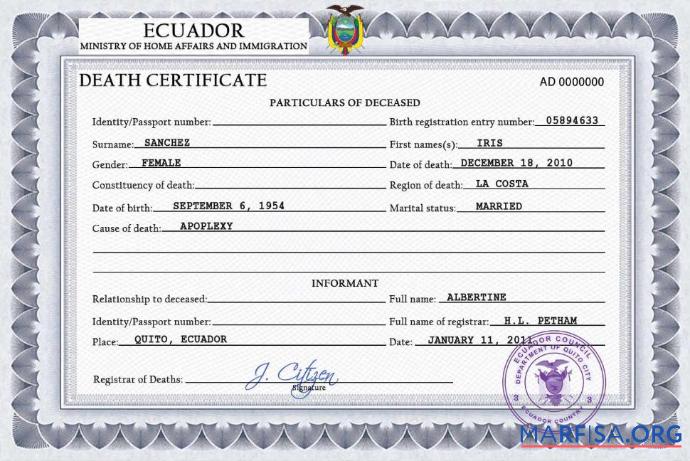 Realistic Ecuador vital record death certificate PSD template